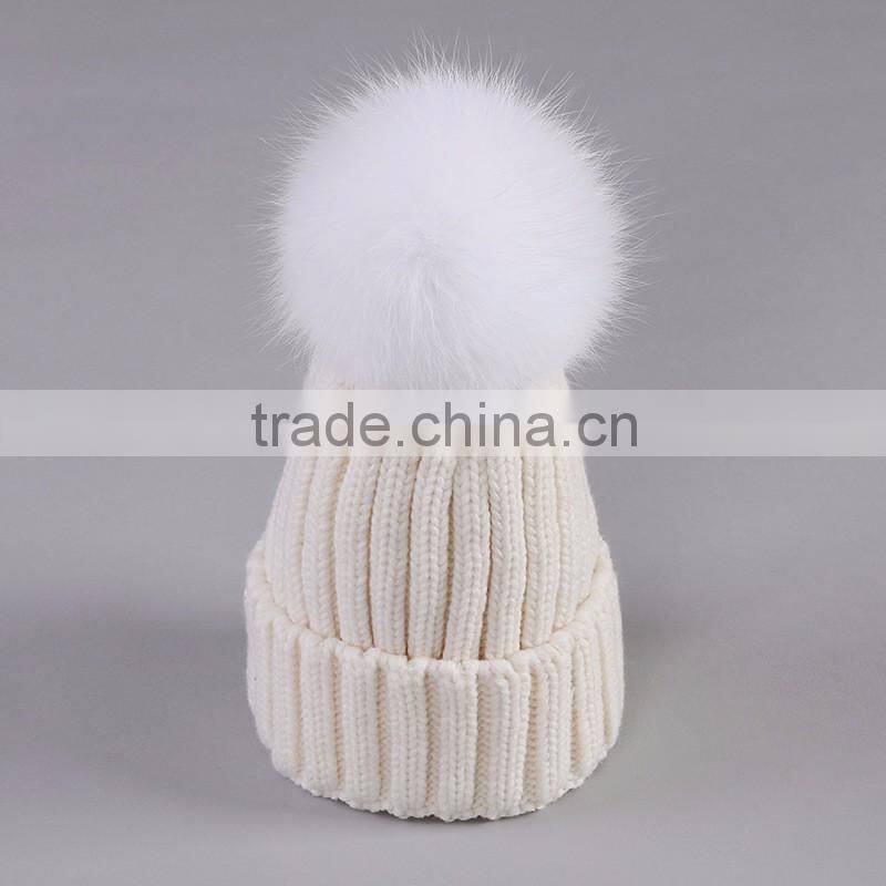 Winter Fashion Big Size Real Fox Fur Pompom Knitted Lady Wool Cap