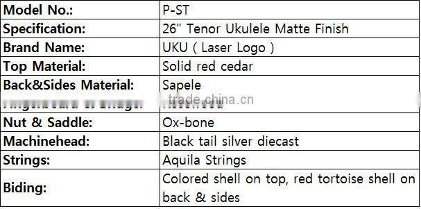 UKU wholesale tenor western red cedar top ukulele with gig bag