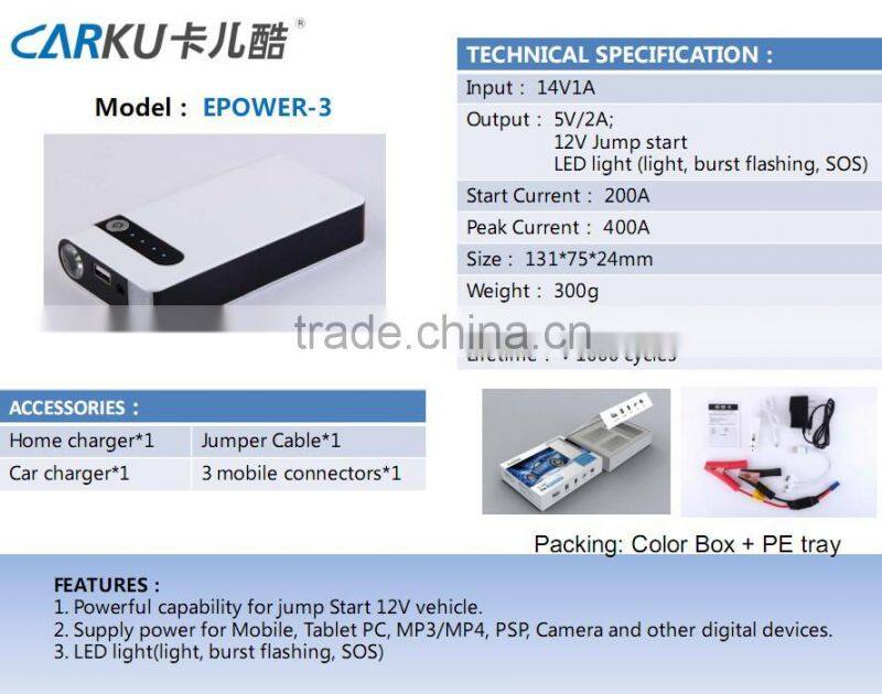 CARKU 8000mah 12V mini car jump starter battery emergency tools jump starter with usb charger