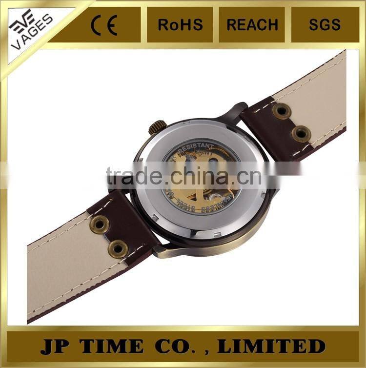 New Retro Skeleton Automatic Mechanical Vintage Leather copper wrist watch