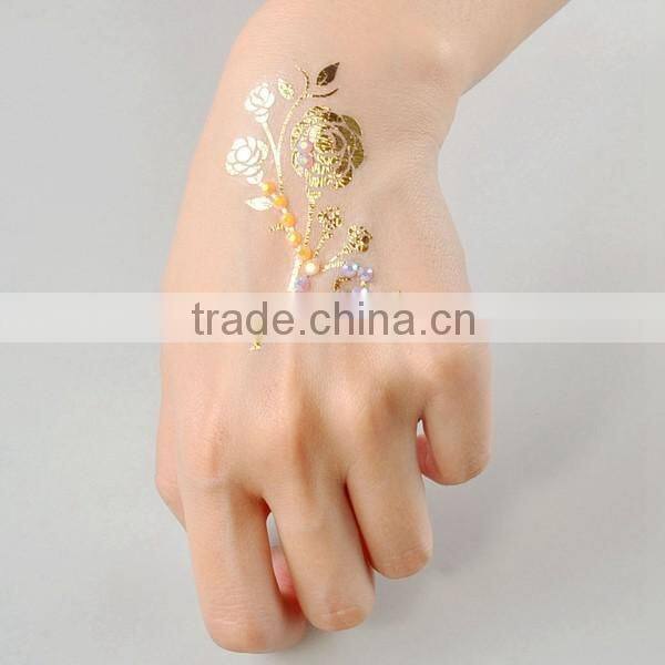 Custom fashionable rhinestone sticker metallic tattoo diamond gold temporary tattoo stickers