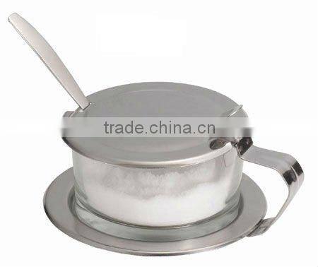 with plastic spoon glass salt & sugar bowl