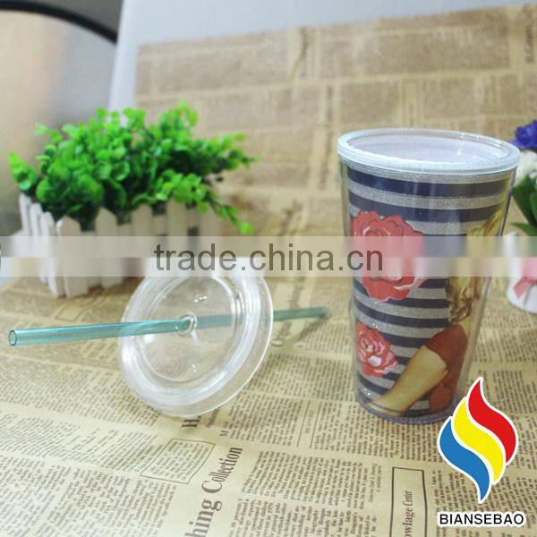 promotional plastic cup , cheap 450ml PS travel cup with straw