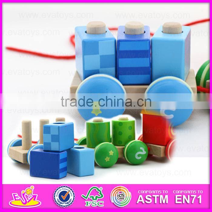 Colorful wooden Pull Shape Block Train Toy for kids,EN71 top sale pull line toy vehicle wooden toy train OEM W05C025