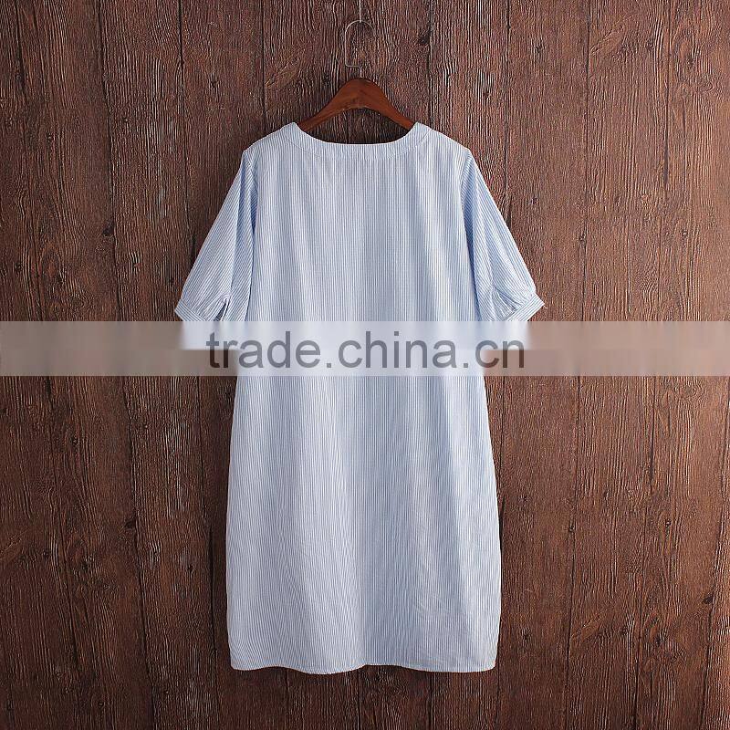 Hospital gown with round collar wear cotton and linen dress striped short sleeve in summer patient clothes for girl women