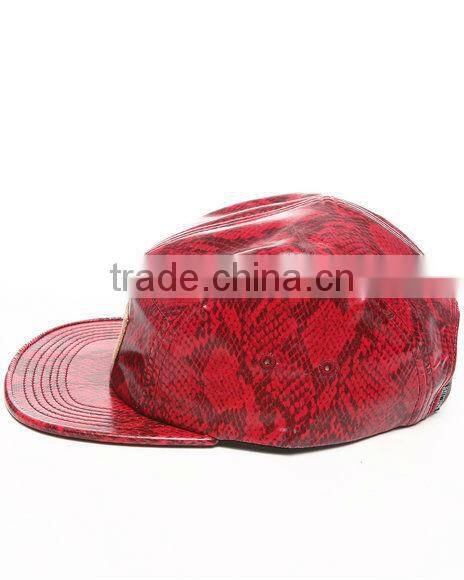 Red fashion snakeskin custom flat brim 5 panel leather hat