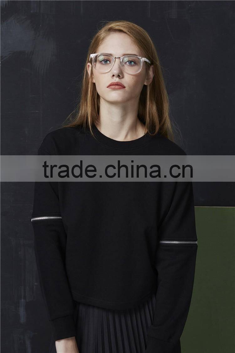 long sleeve pure color curved hem black pullover no hood blank sweatshirt crewneck women custom with two zips on the sleeve