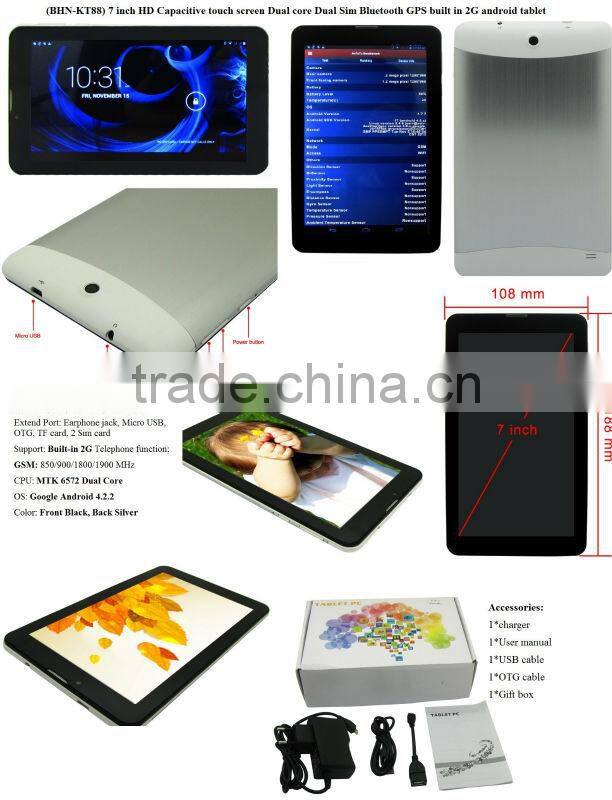BHNKT88 Tablet PC 7 inch HD Capacitive touch screen Dual core Dual Sim Bluetooth GPS built in 2G android Pad WIFI