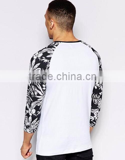 Men muscle fit floral pattern print contrast long raglan sleeve white t-shirt OEM custom