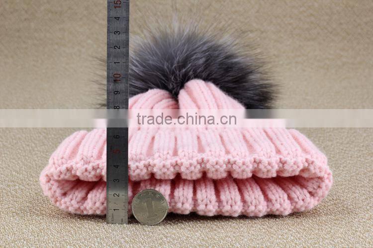 high quality 15cm fox fur real sheep wool knit beanie hat with fox fur ball