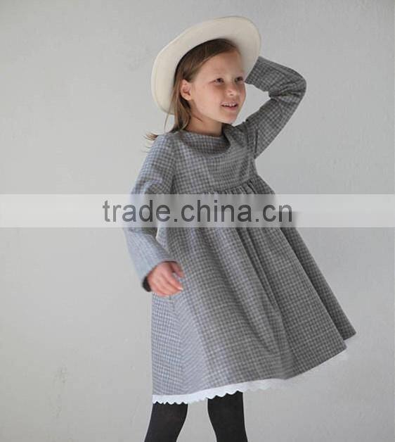 high quality Autumn Winter checkered tweed dress long sleeve girls wool dress 3-5 year old girl dress