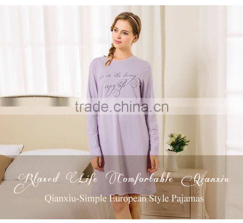 Super Grade Qianxiu Autumn Character Print Long Sleeved Sweet Elegant Girl Lady Sexy Nightgown