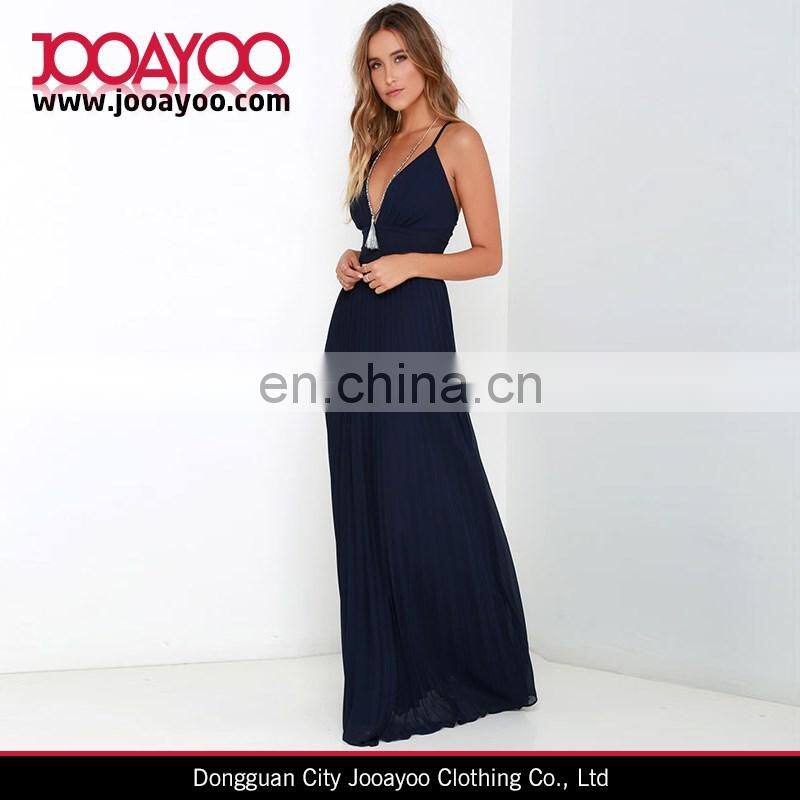 Elegant Chiffon Crissrossing Back Triangle Bodice V-neck Pintucked Waistline Maxi Dress