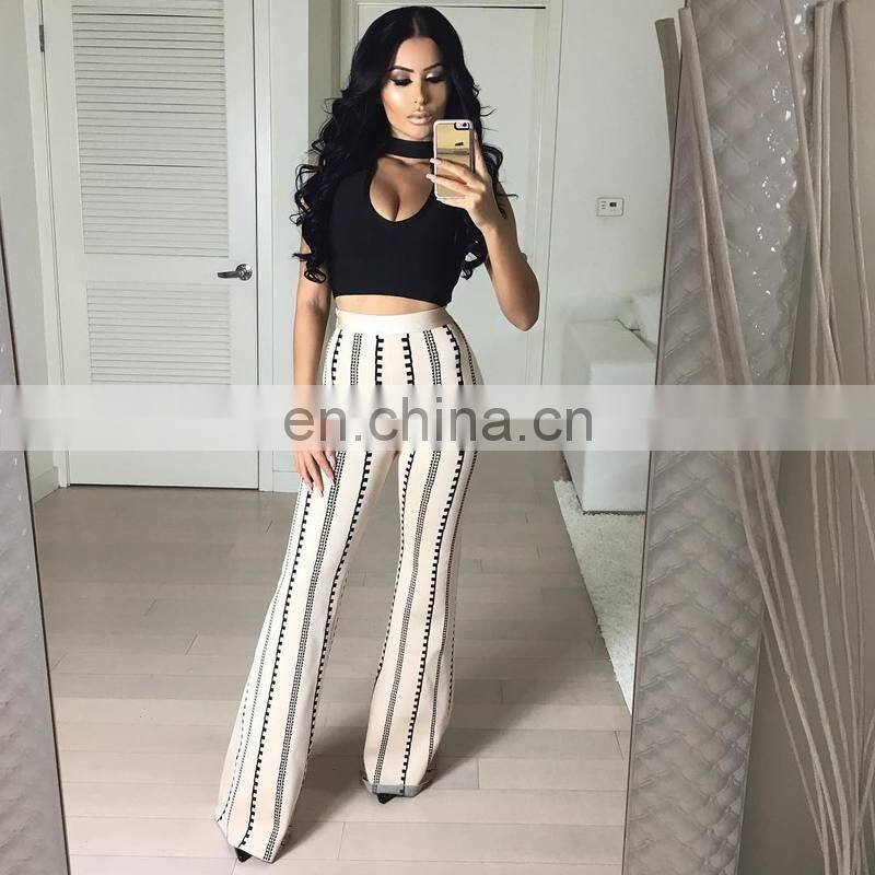 Amigo 2017 new design two piece sexy party wear bandage pants suit with Black sleeveless halter crop top and bodycon trouser
