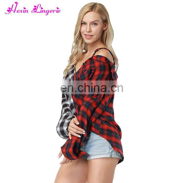 High Quality off shoulder Stitching plaid latest fashion korean off shoulder blouse