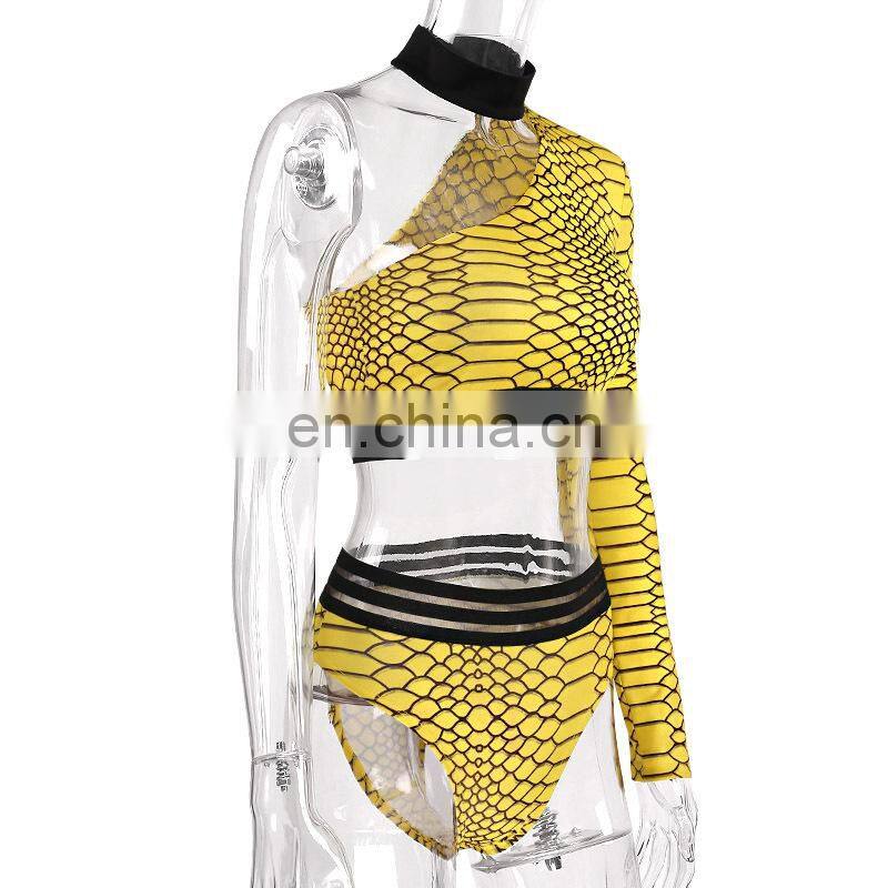 Long Sleeve Two Piece Swimsuit One Shoulder High Waist Bikini Women Push Up Swimwear Beachwear Swim Wear Snake Swimming Suit