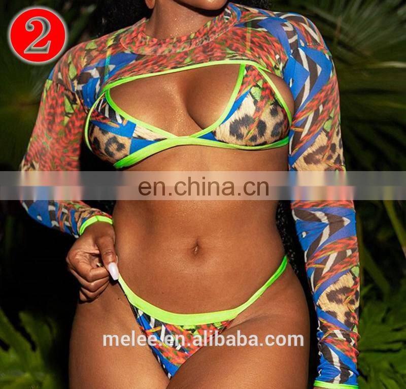 RST 2pc 3Pieces Long Sleeve Cover Up Bathing Suit bikinis 2020 women leopard swimwear beachwear swimwear