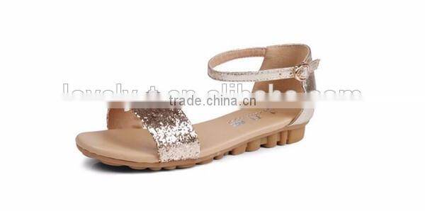 2016 new design shiny sequined pailette flat real leather sandals shoes for summer and beach with oxford sole