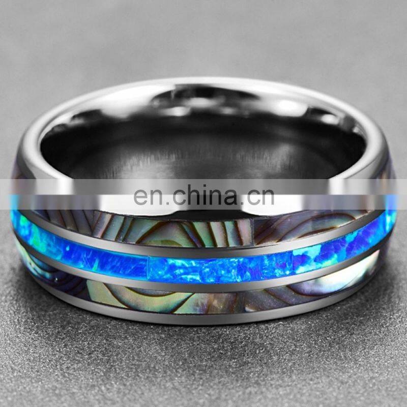 8mm Men Black Stainless Steel Ring Carbide & Abalone Shell Inlay Ring Wedding Band Fashion Men Accessories