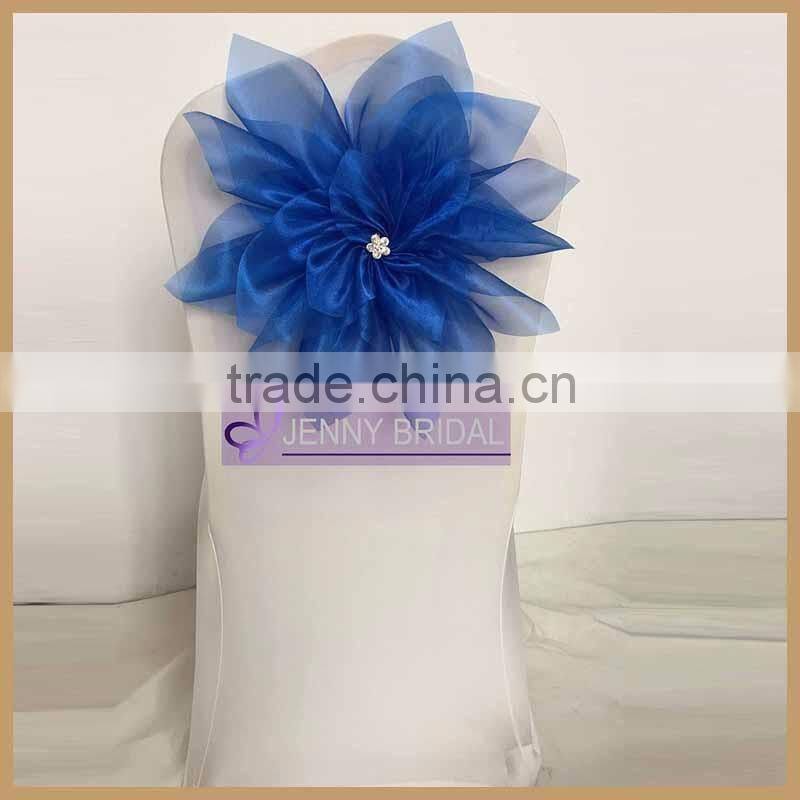 C321A wholesa new desigh royal bule organza flower chair cover for weeding
