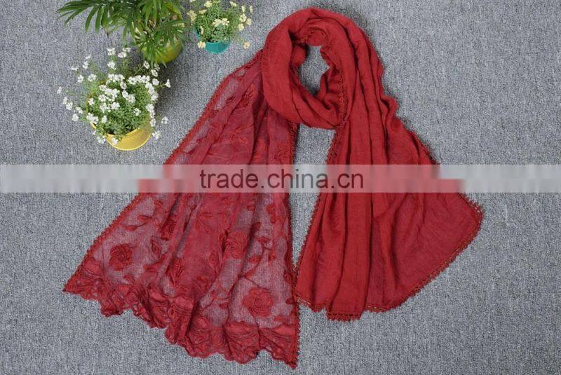 2016 Autumn Winter Large Long Plain Cotton Linen Lace Flower Scarf