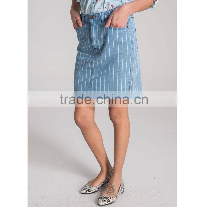 Fashion classic stretch elegant blue vertical stripes midi denim pencil skirt for lady