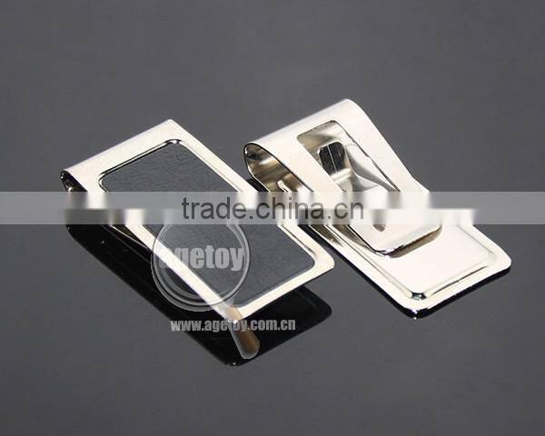 Men Style Fashion Stainless Steel Metal Black Genuine Leather Money Clip