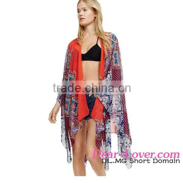 2016 Plunge V Lace-up Neck Floral Embroidered cover up beach dress