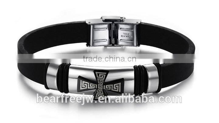 Charm Rubber Silicone Chain Gold Cross wristband bracelet for mens with stainless steel buckle