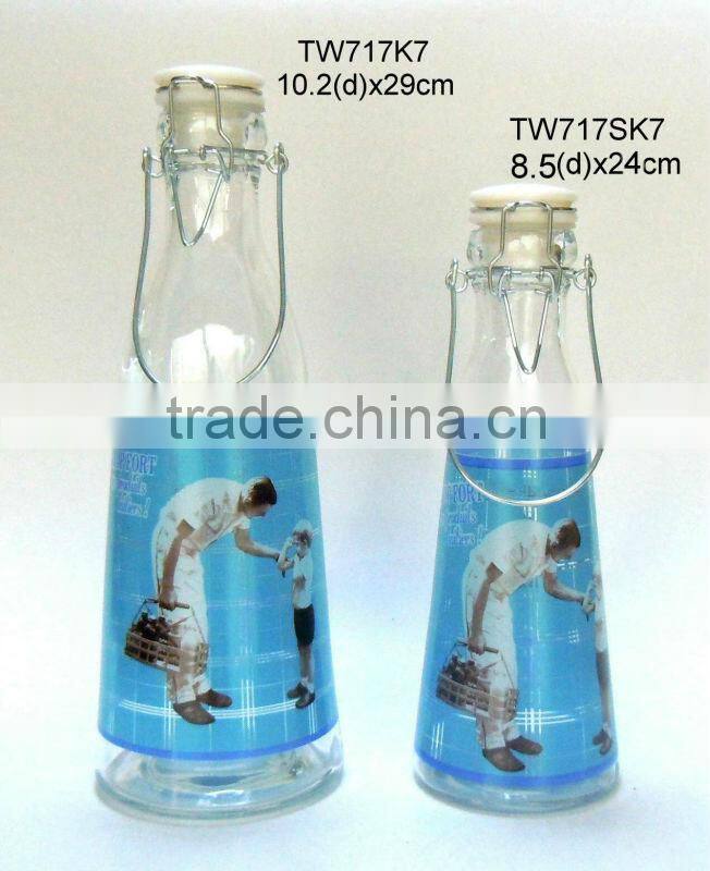 TW717K8 glass milk bottle with printig with metal clip
