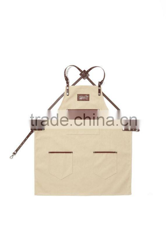 Vintage Canvas Barista Apron, Ivory Canvas with Dark Brown Leather Strap Apron