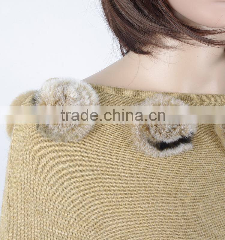 Ladies wool knitting cape with rabbit small flowers,KZ150018