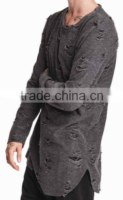 men's' scoop neck long sleeve pullover plain knit and drop needle knitted sweater with slit hem