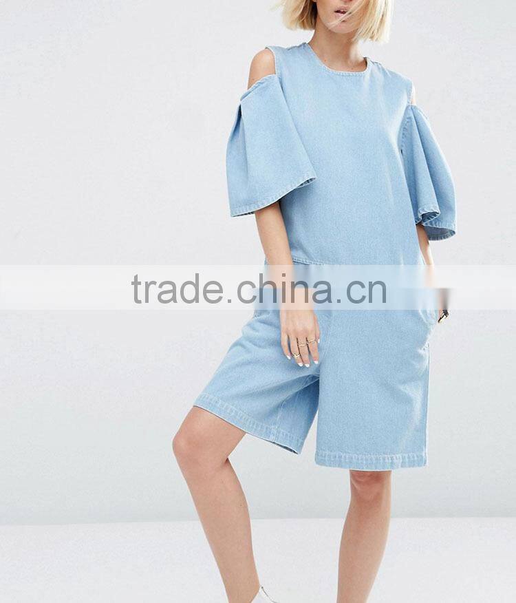Guangzhou new casual cold shoulder wide leg woman short denim jumpsuits
