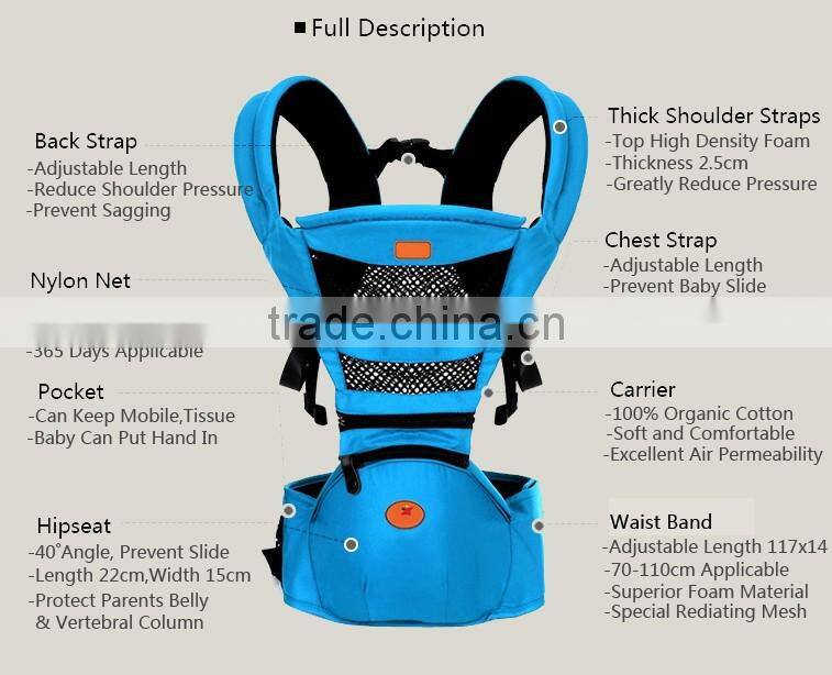 Made in China Export to Europe and America Top Quality Organic Cotton Infants Baby Hipseat Carrier Backpack Sling