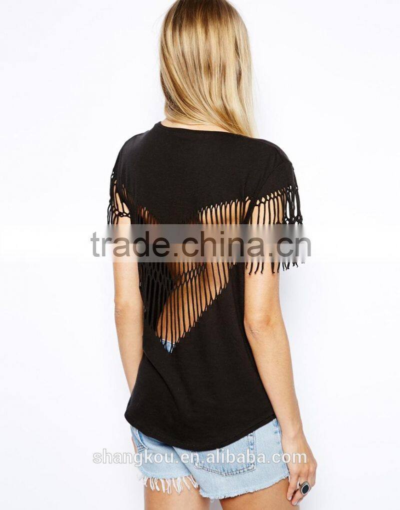 100% Pure cotton cut out and fringed designer t shirt woman 2016