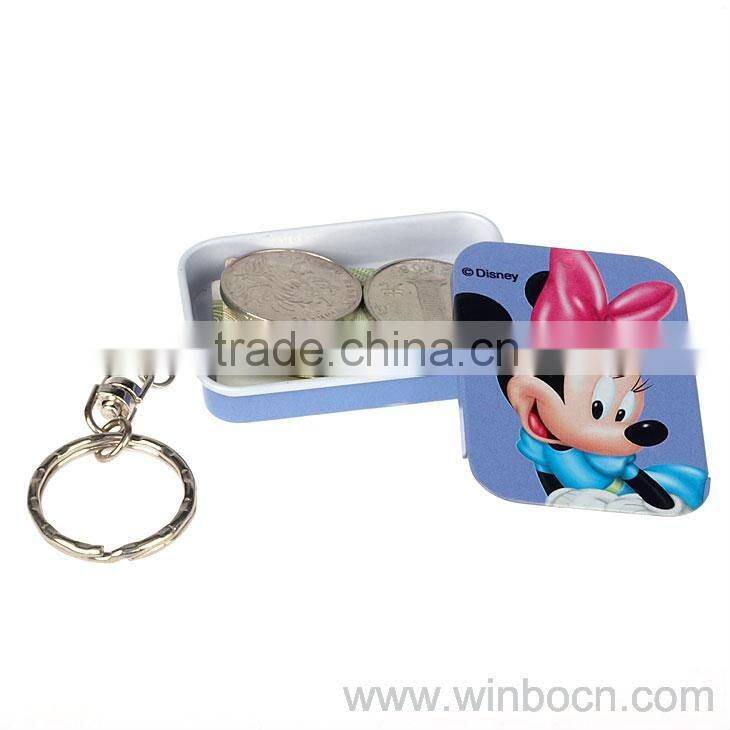 Rectangle tinplate kids key chain ring caroon tin box