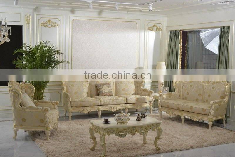 Classical European Beige And Gold Color Sectional Sofa Set, 3+2+1 Living Room Elegant Floral Sofa Set