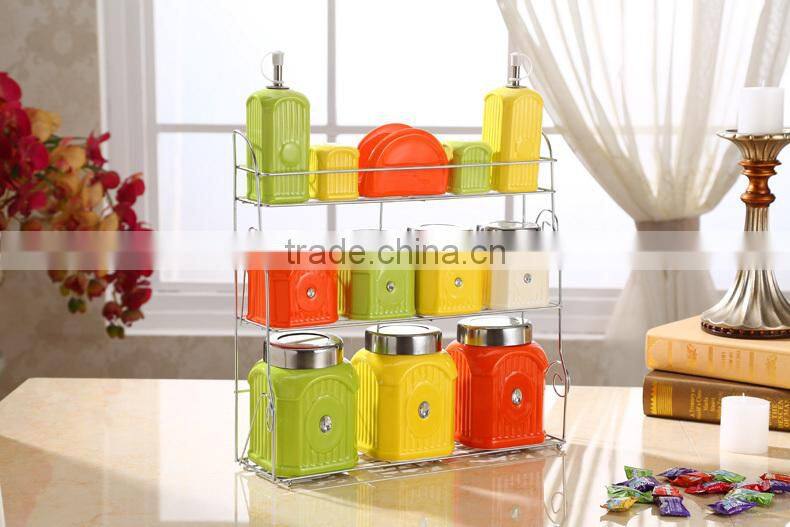 Kitchen ceramic canister set with stainless metal stand