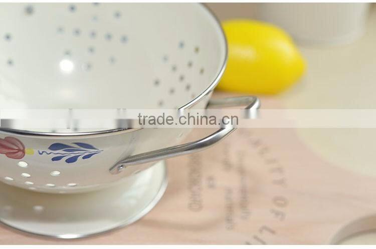 Vintage enamel metal fruit colander vegetable basket kitchen strainer with double handles
