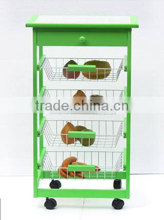 USA /EU FASHIONAL wooden kitchen trolley with FOUR metal wire brackets/ceramic tile on top with drawer