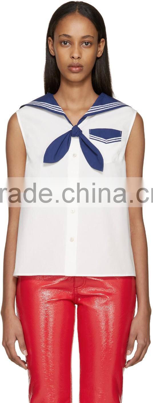 2016 Fashion Sleeveless White and Navy Sailor Blouse HST8010