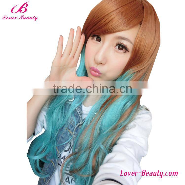 hexin fashionable hotsell long wavy brown and green full lace human hair wig