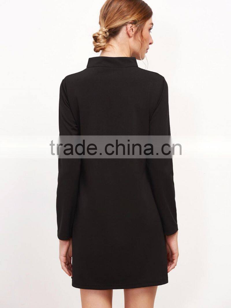 Black Stand Collar Contrast Pockets Zipper Dress Cotton Spandex Long Sleeve Color Block Casual Short Dress
