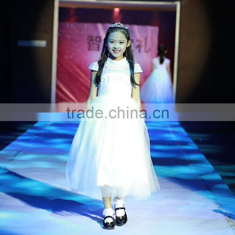 long dress white flower girls party collar with beads trendy fluffy school model kids