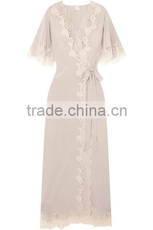 2017 new arrival ladies luxury silk satin long robe, weedning gift robe, lace-trimmed silk-satin robe