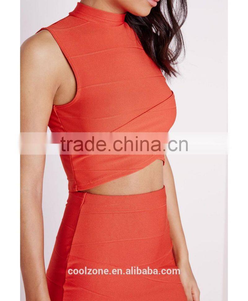 Wrap over sleeveless bandage design two piece evening dress