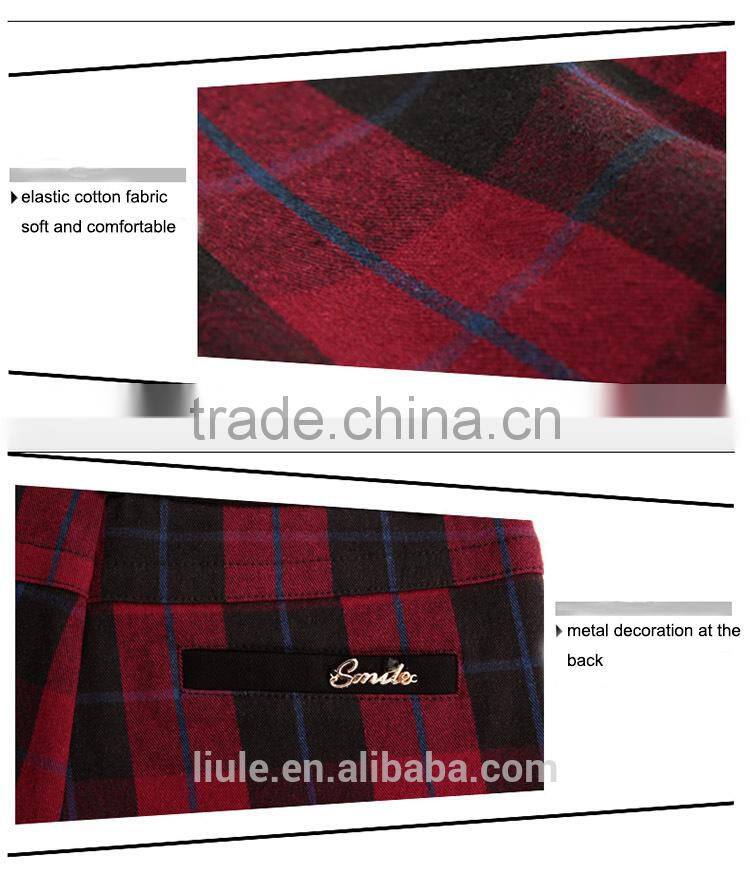 red plaid women casual pants with elastic fabric