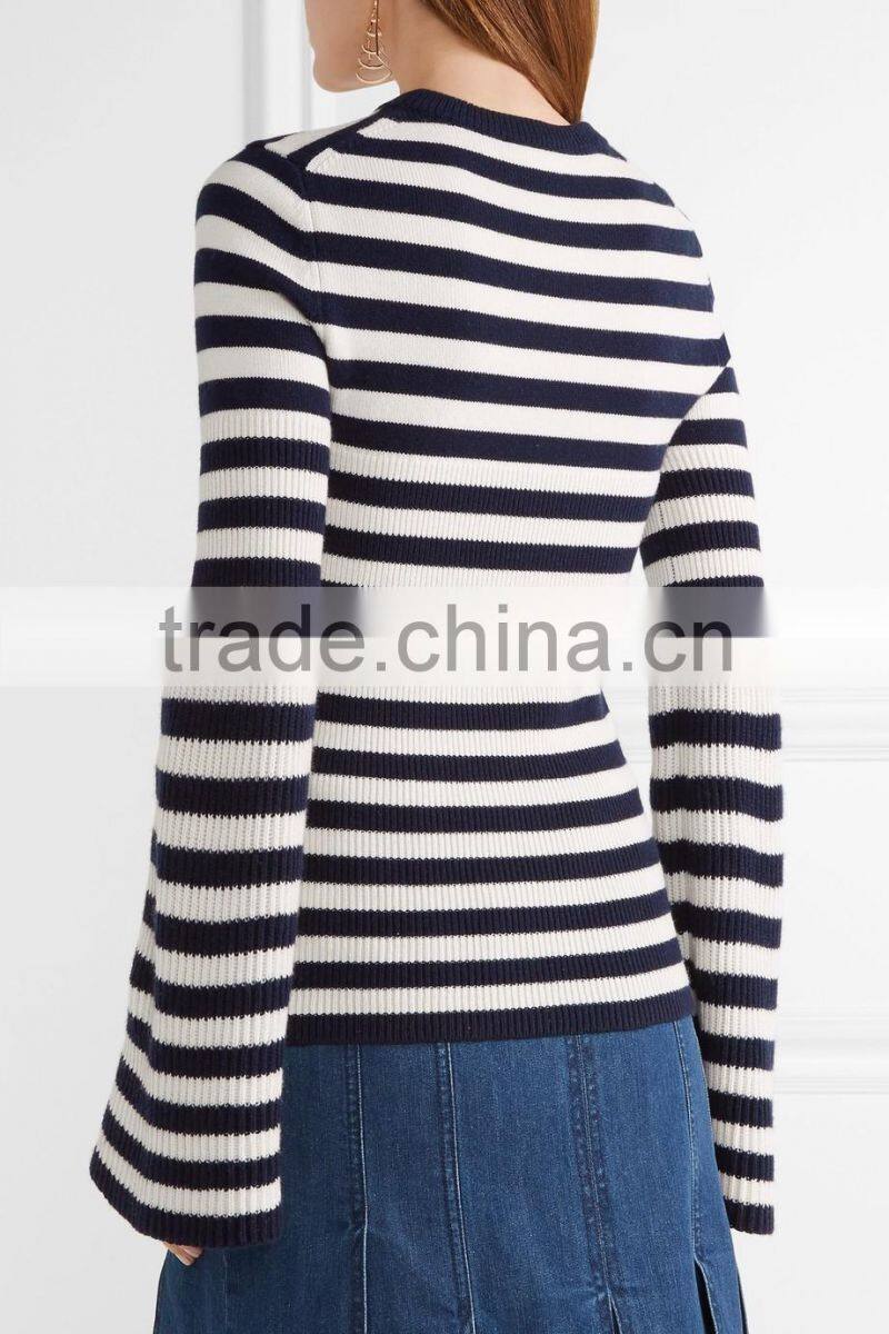 Among Best Selling Bell Sleeved Navy Blue and White Striped Women Spring Sweater
