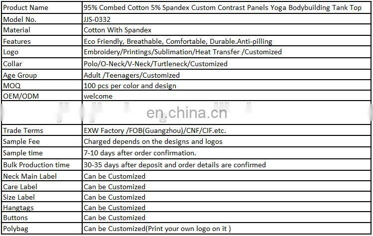 95% Combed Cotton 5% Spandex Custom Contrast Panels Yoga Bodybuilding Tank Top